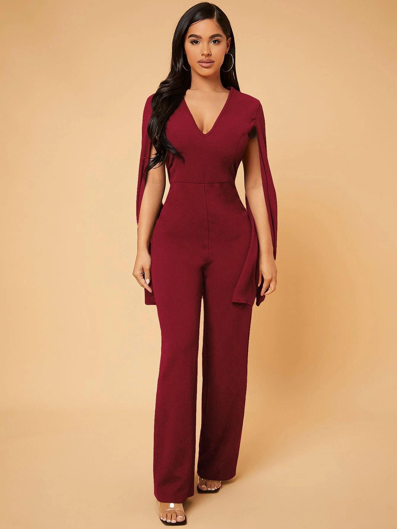 Deep V Neck Split Sleeve Jumpsuit-Comfy Jumpsuits