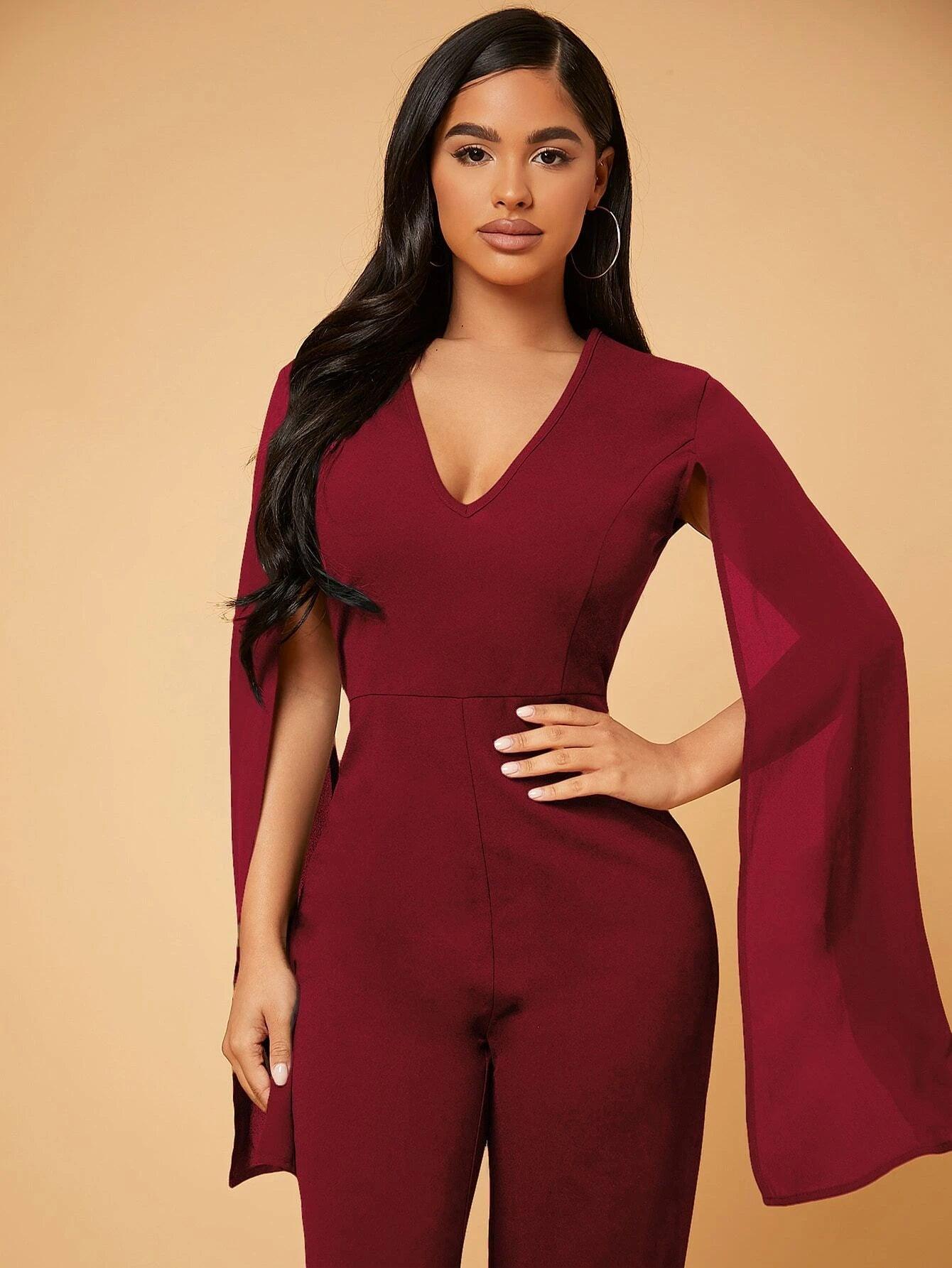 Deep V Neck Split Sleeve Jumpsuit-Comfy Jumpsuits