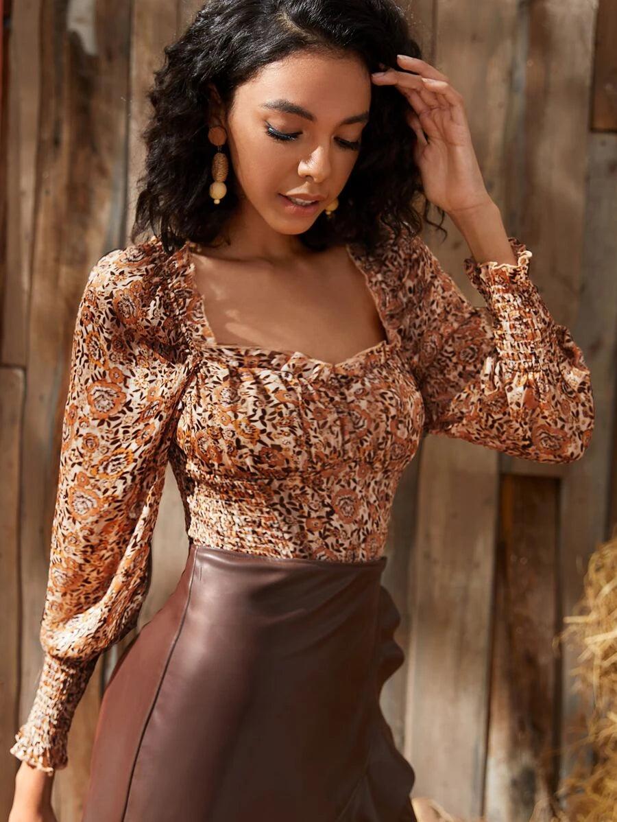 Floral Print Shirred Back Bodysuit-Comfy Jumpsuits