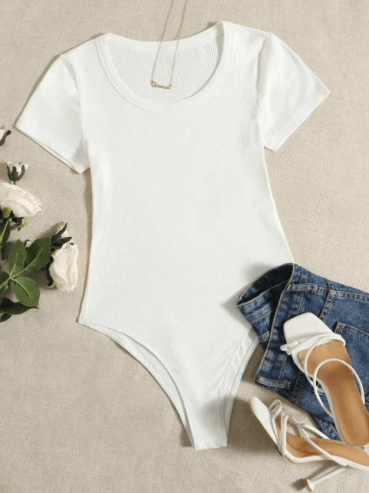 Scoop Neck Rib-Knit Bodysuit-Comfy Jumpsuits