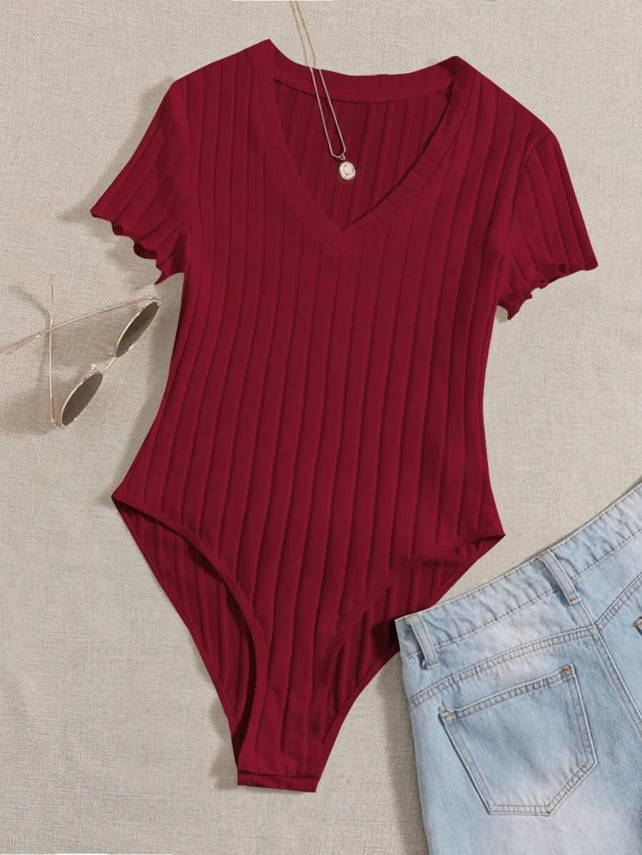 Lettuce Trim Rib Knit Bodysuit-Comfy Jumpsuits
