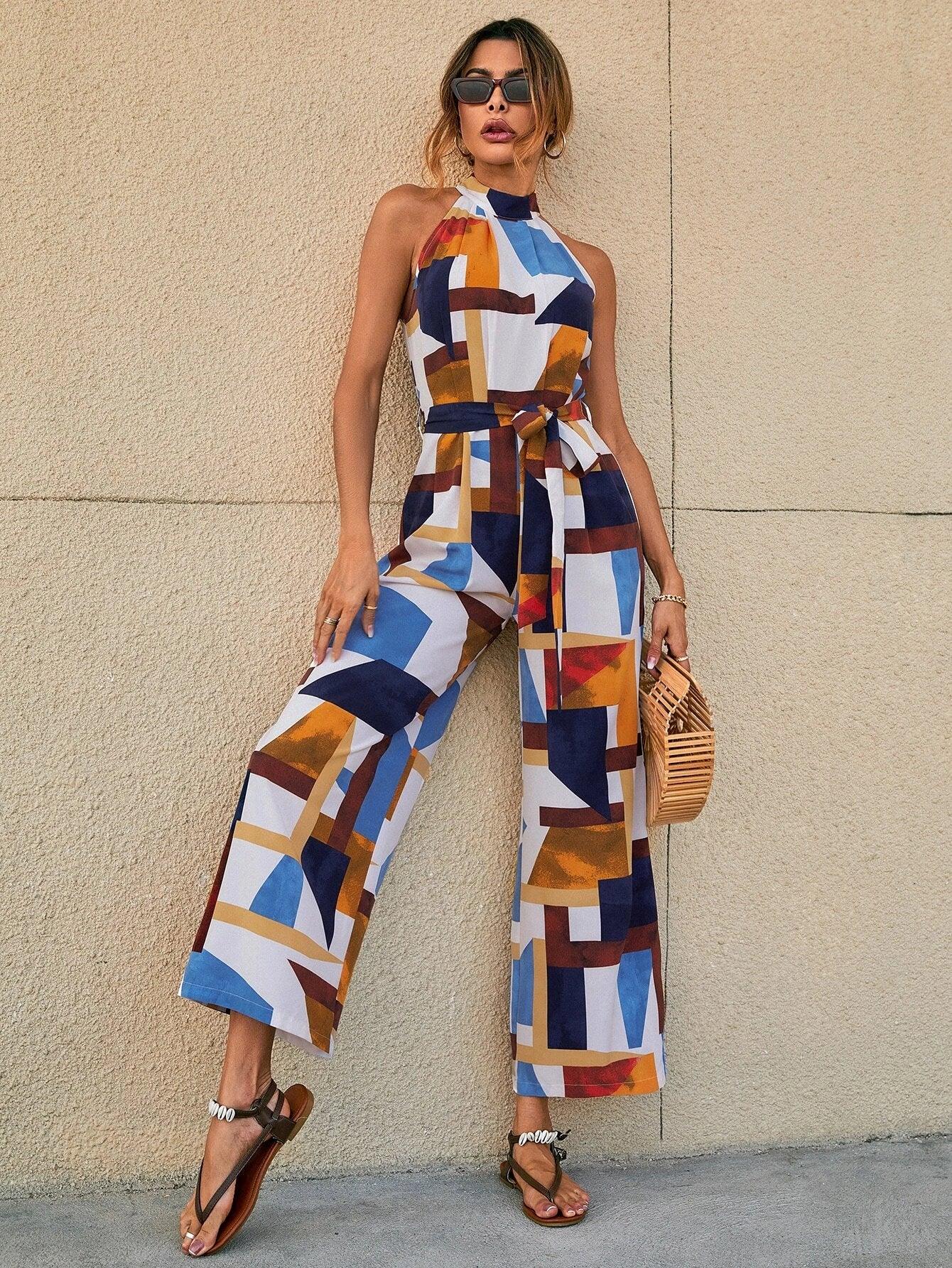 Geometric Print Sleeveless Jumpsuit-Comfy Jumpsuits