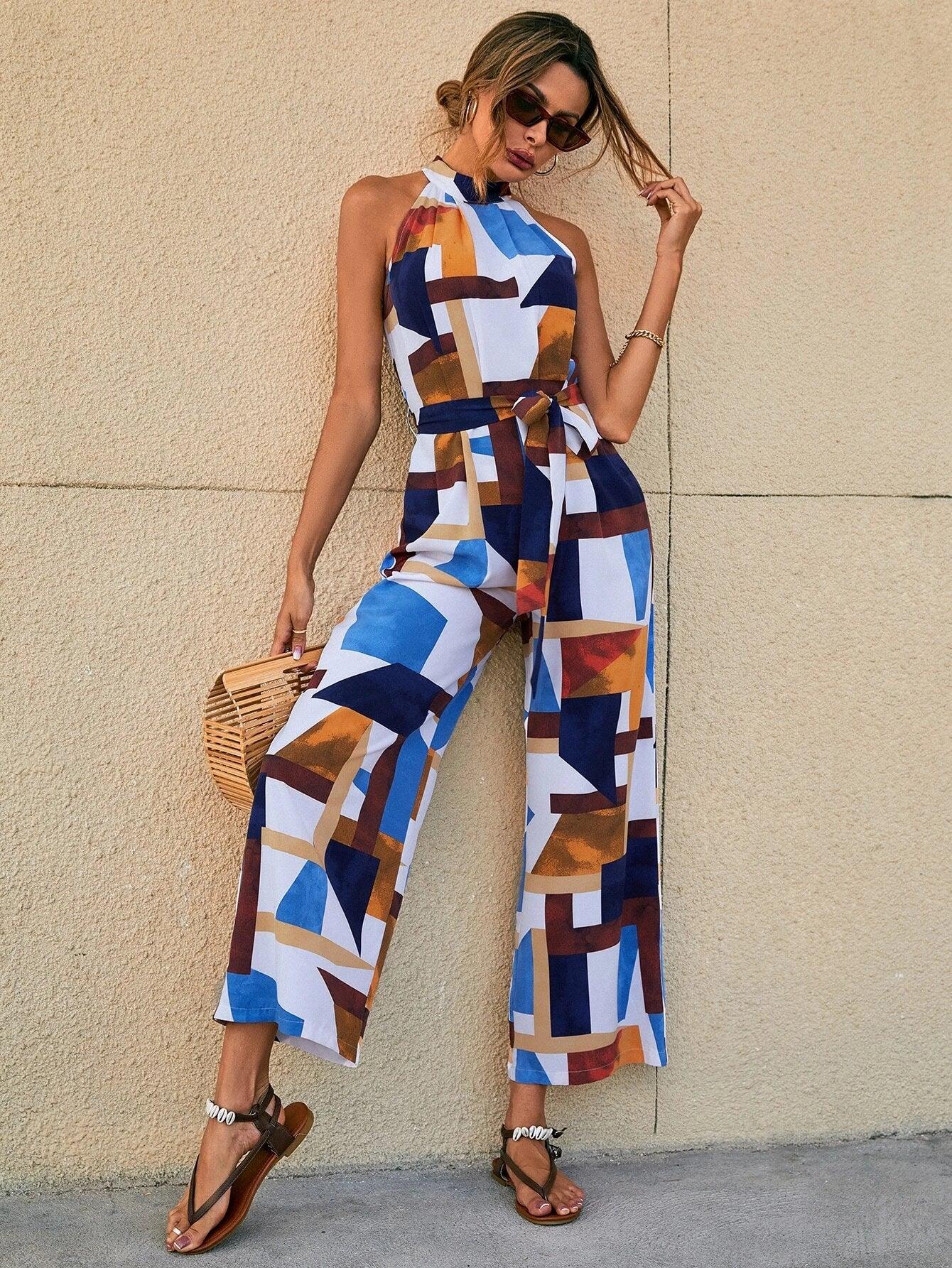 Geometric Print Sleeveless Jumpsuit-Comfy Jumpsuits