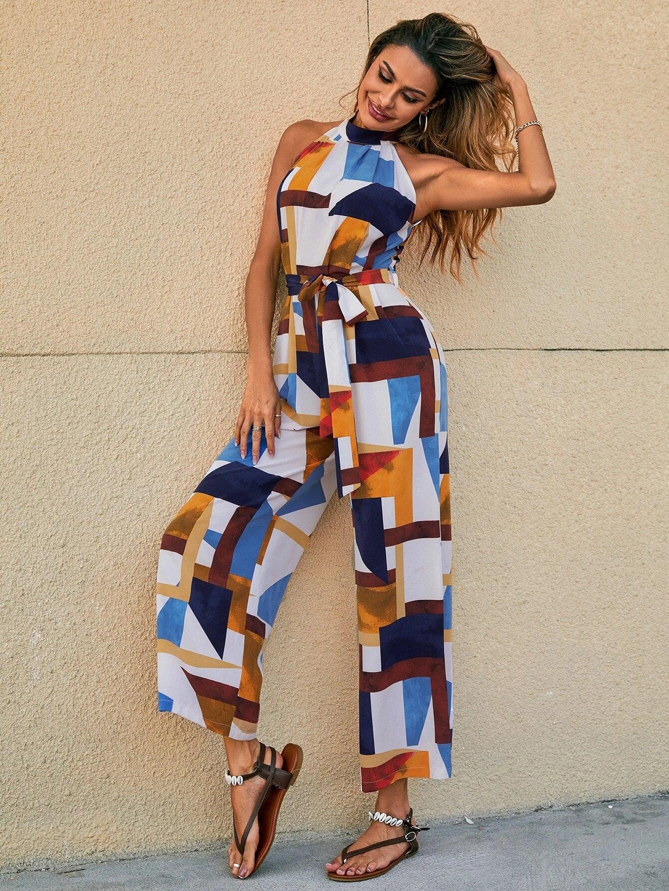 Geometric Print Sleeveless Jumpsuit-Comfy Jumpsuits