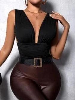 Deep V Neck Bodysuit-Comfy Jumpsuits