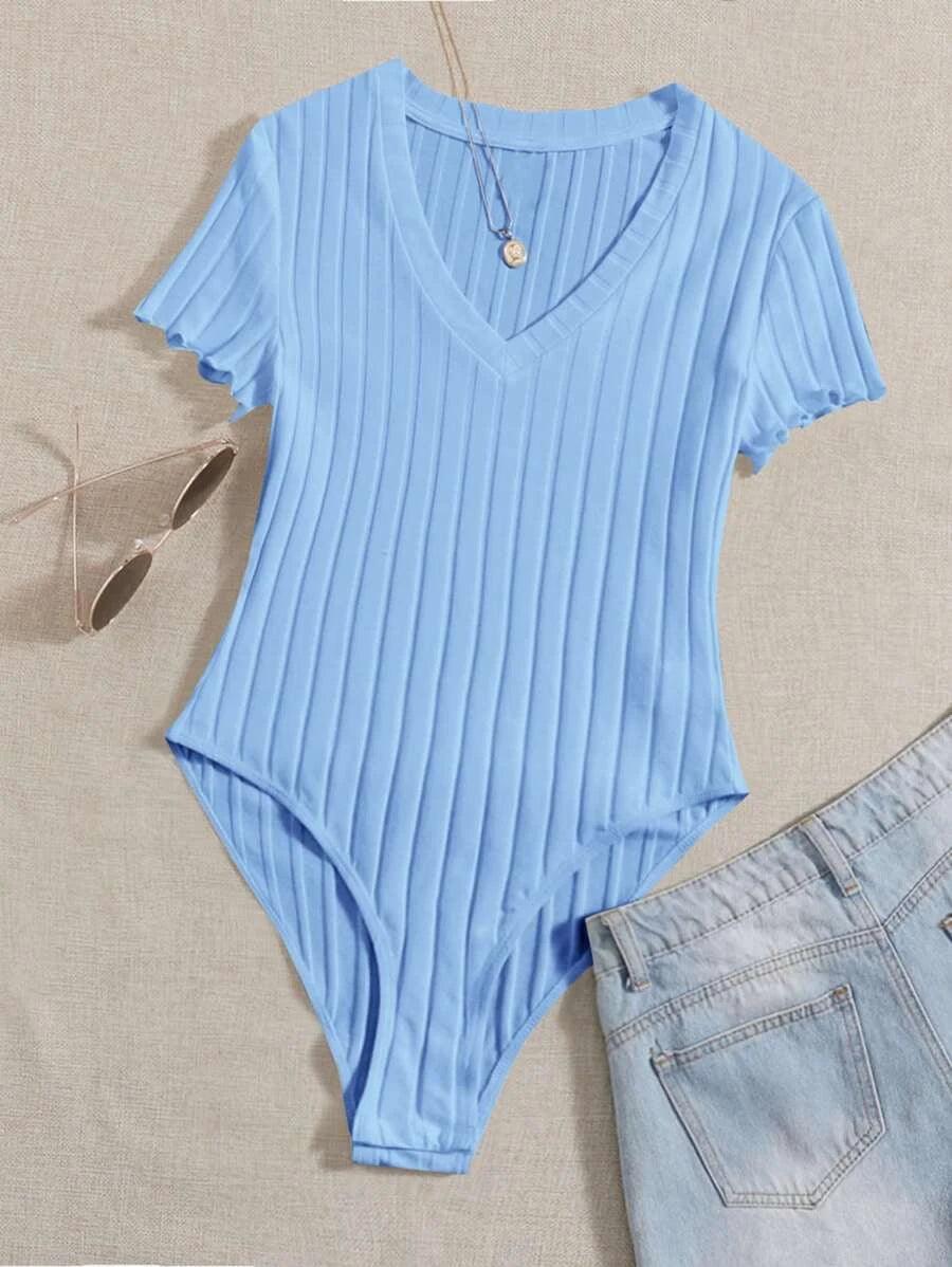 Casual Lettuce Trim Rib Knit Bodysuit-Comfy Jumpsuits