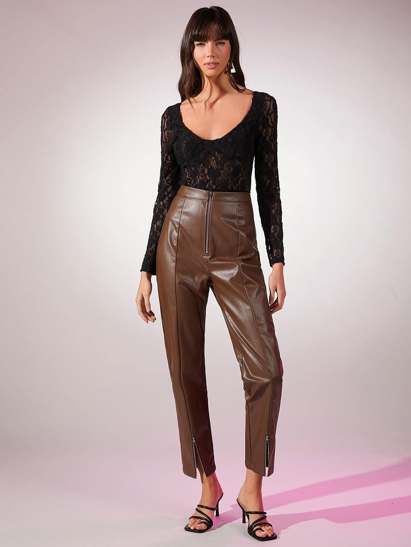 Scoop Neck Sheer Lace Bodysuit-Comfy Jumpsuits