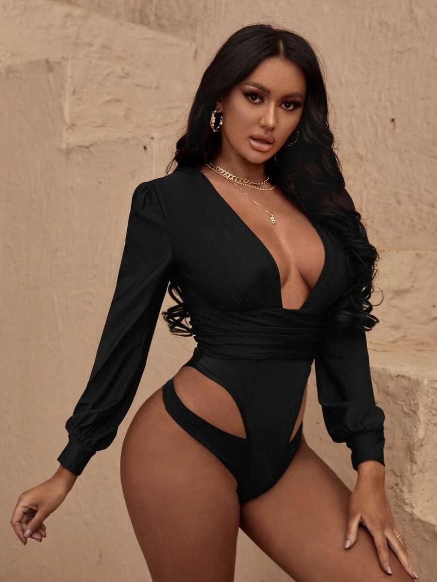 Plunging Neck Bishop Sleeve Bodysuit-Comfy Jumpsuits