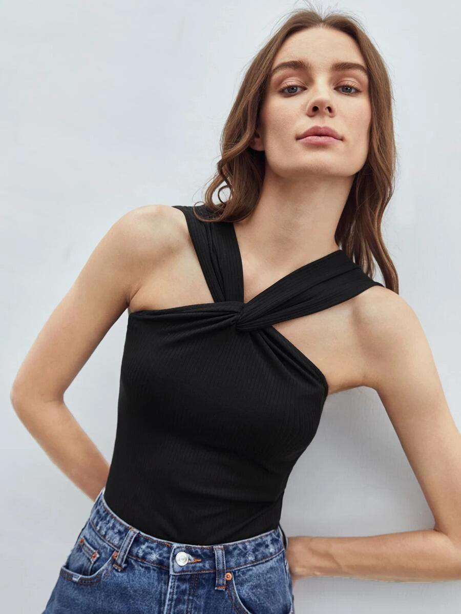 Sleeveless Casual Polyester Twist Bodysuit-Comfy Jumpsuits