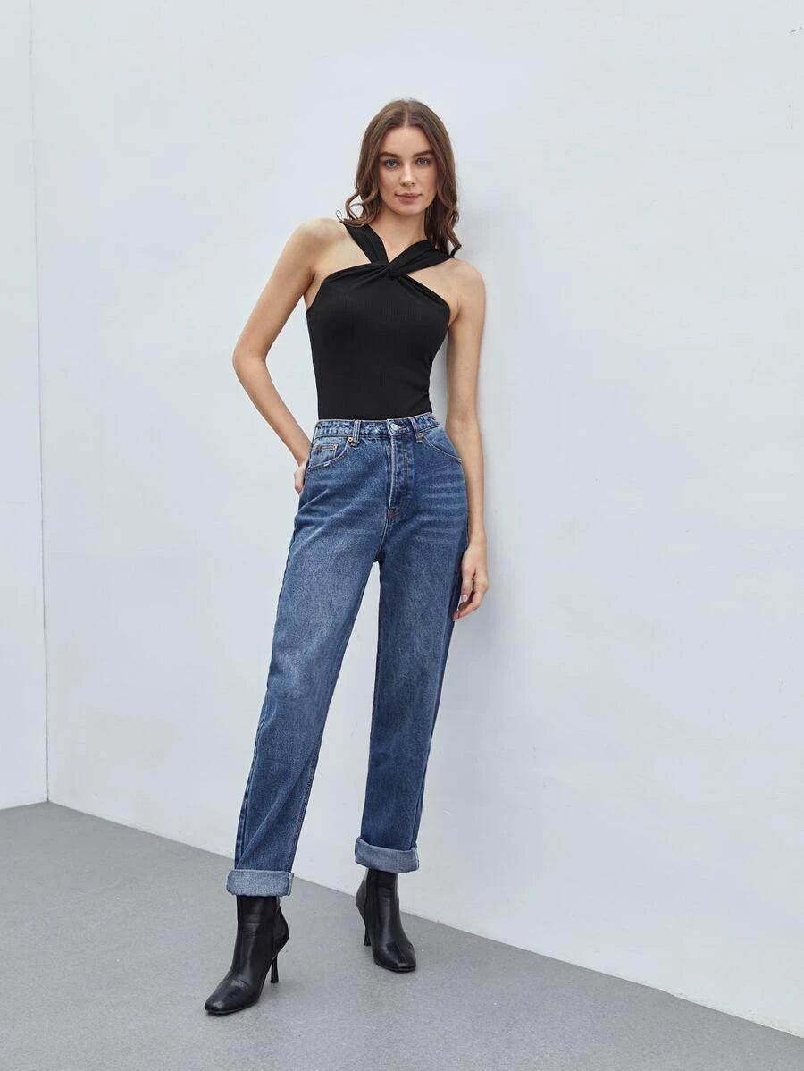 Sleeveless Casual Polyester Twist Bodysuit-Comfy Jumpsuits
