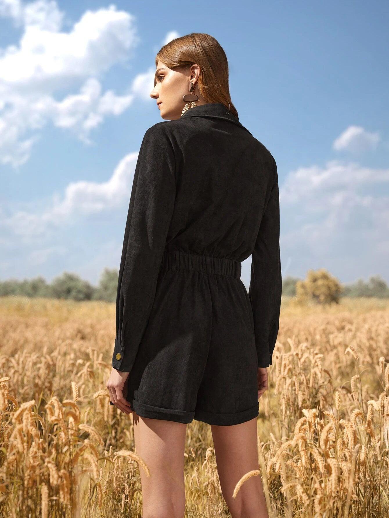 Button Front Collar Romper-Comfy Jumpsuits