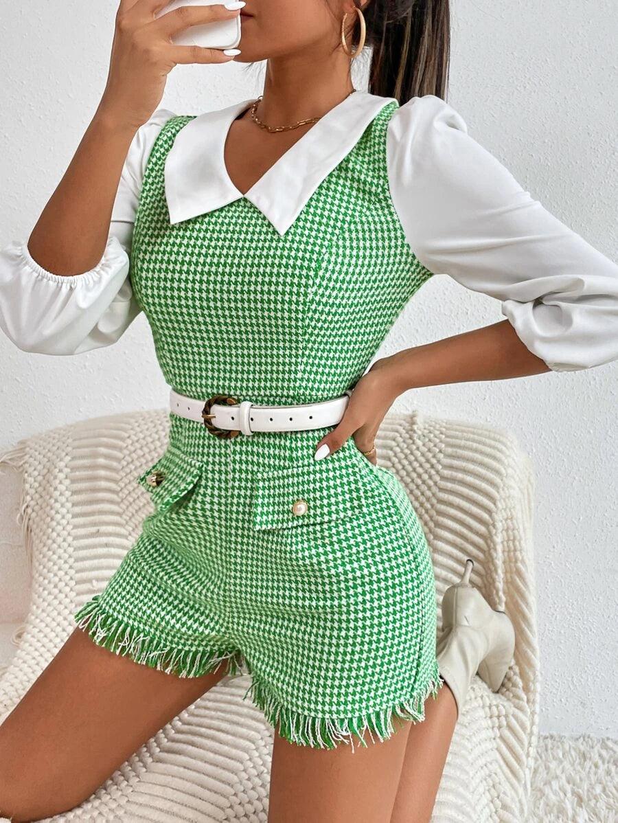 Raw Hem Contrast Collar Romper-Comfy Jumpsuits