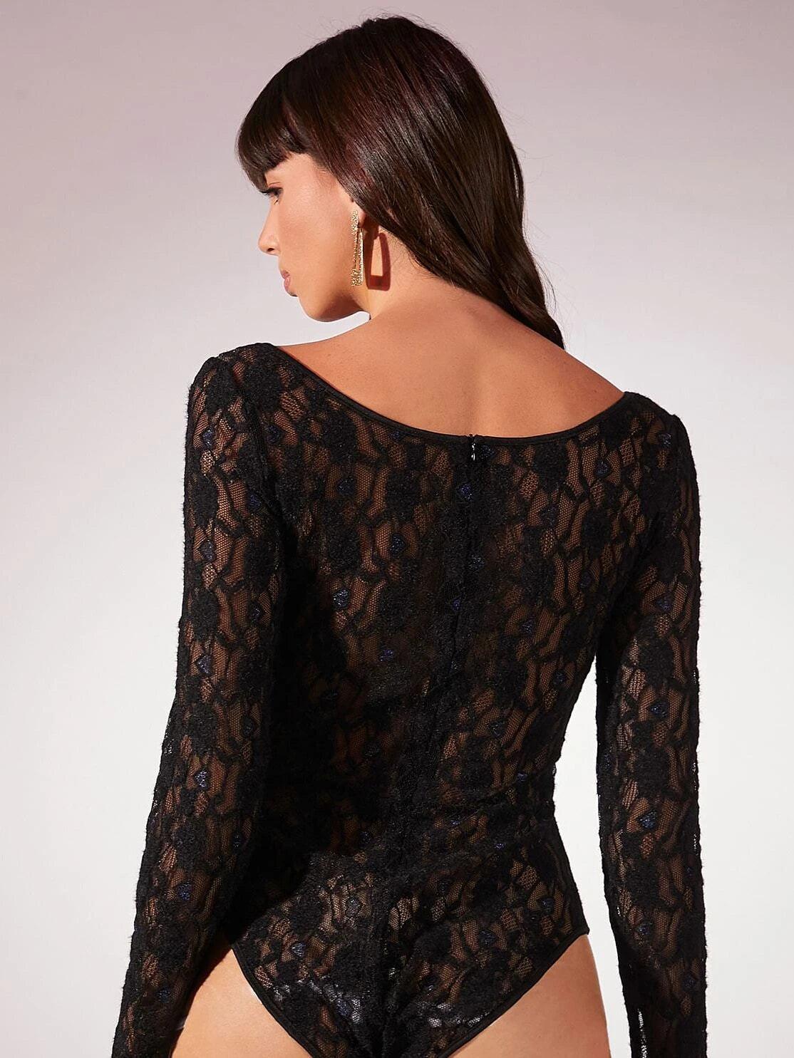 Scoop Neck Sheer Lace Bodysuit-Comfy Jumpsuits