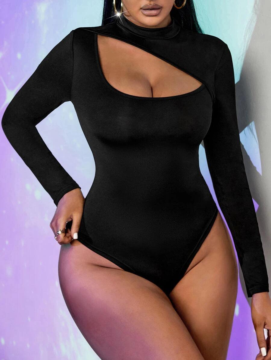 Cut Out Solid Bodysuit-Comfy Jumpsuits