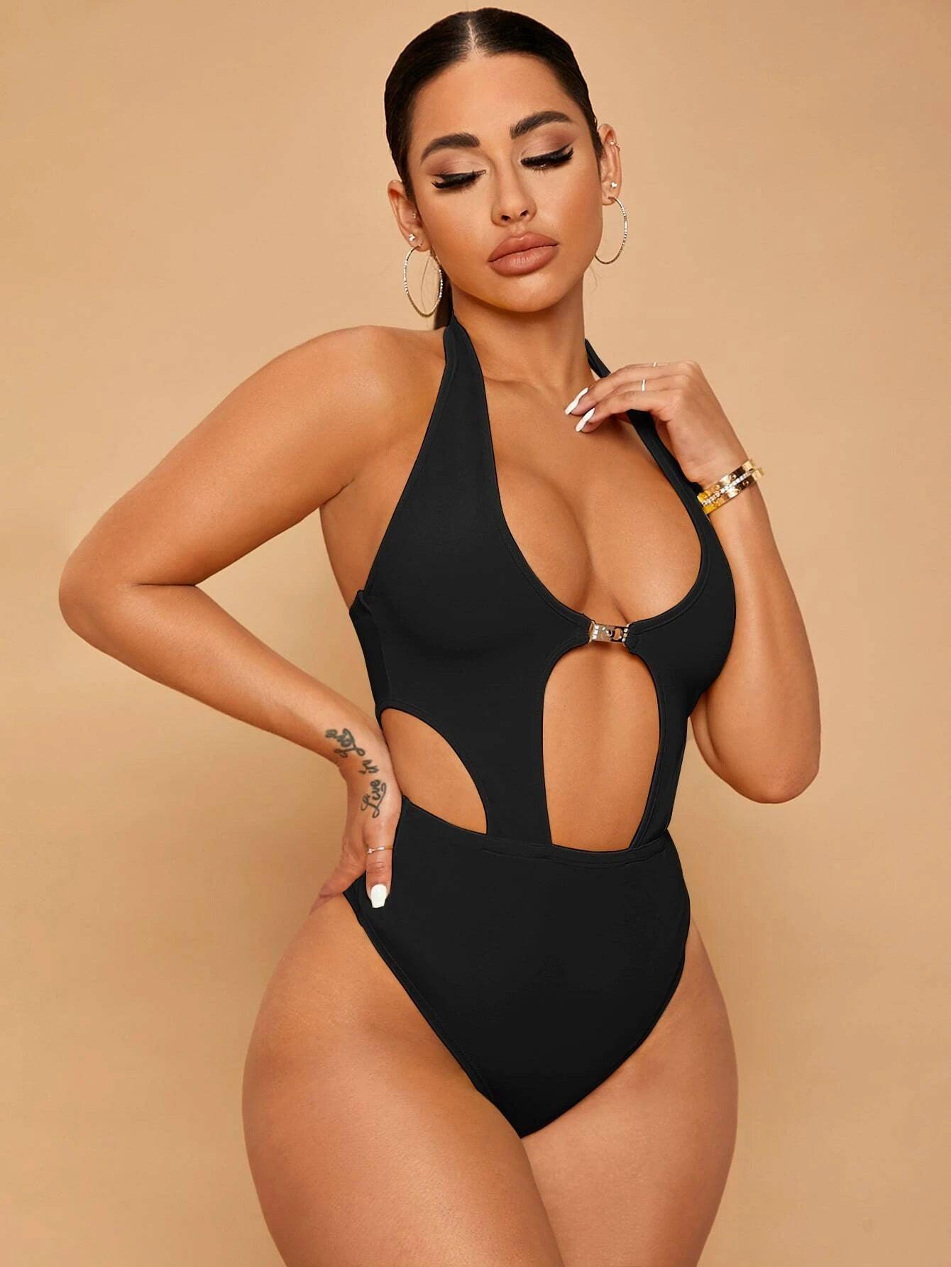 Plain Long Sleeve Halter Bodysuit-Comfy Jumpsuits
