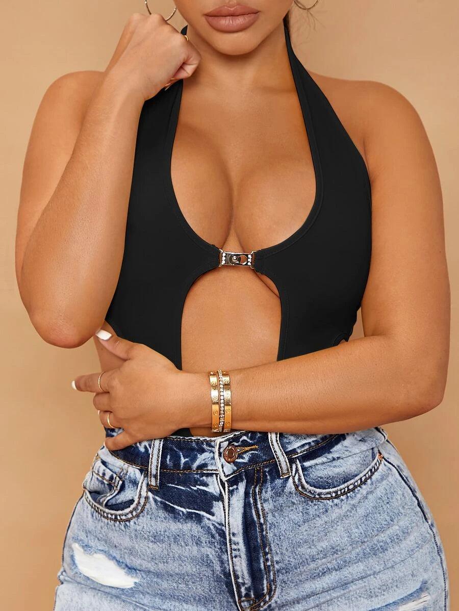 Backless Halter Neck Bodysuit-Comfy Jumpsuits