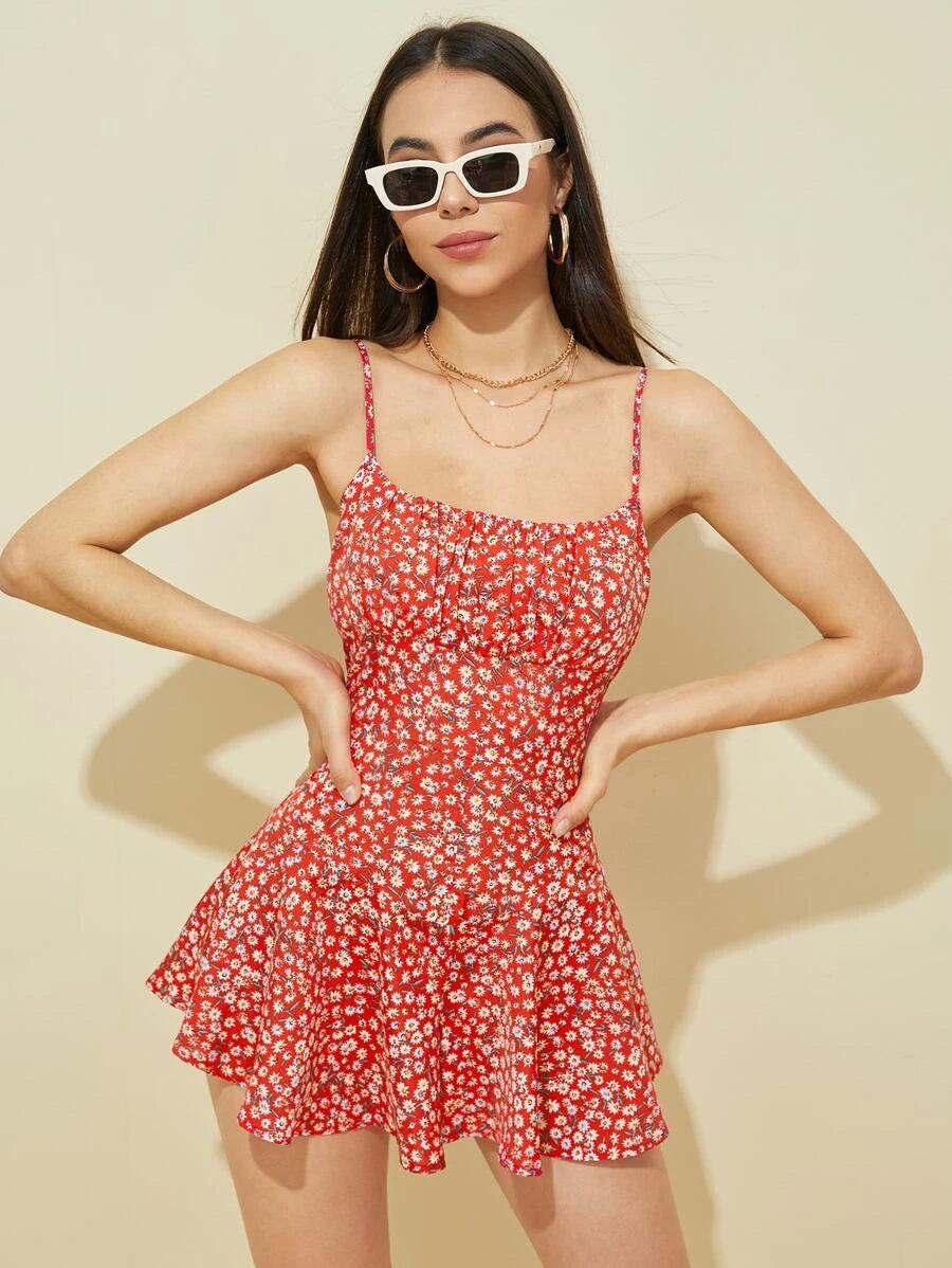 Ditsy Floral Ruched Slip Romper-Comfy Jumpsuits