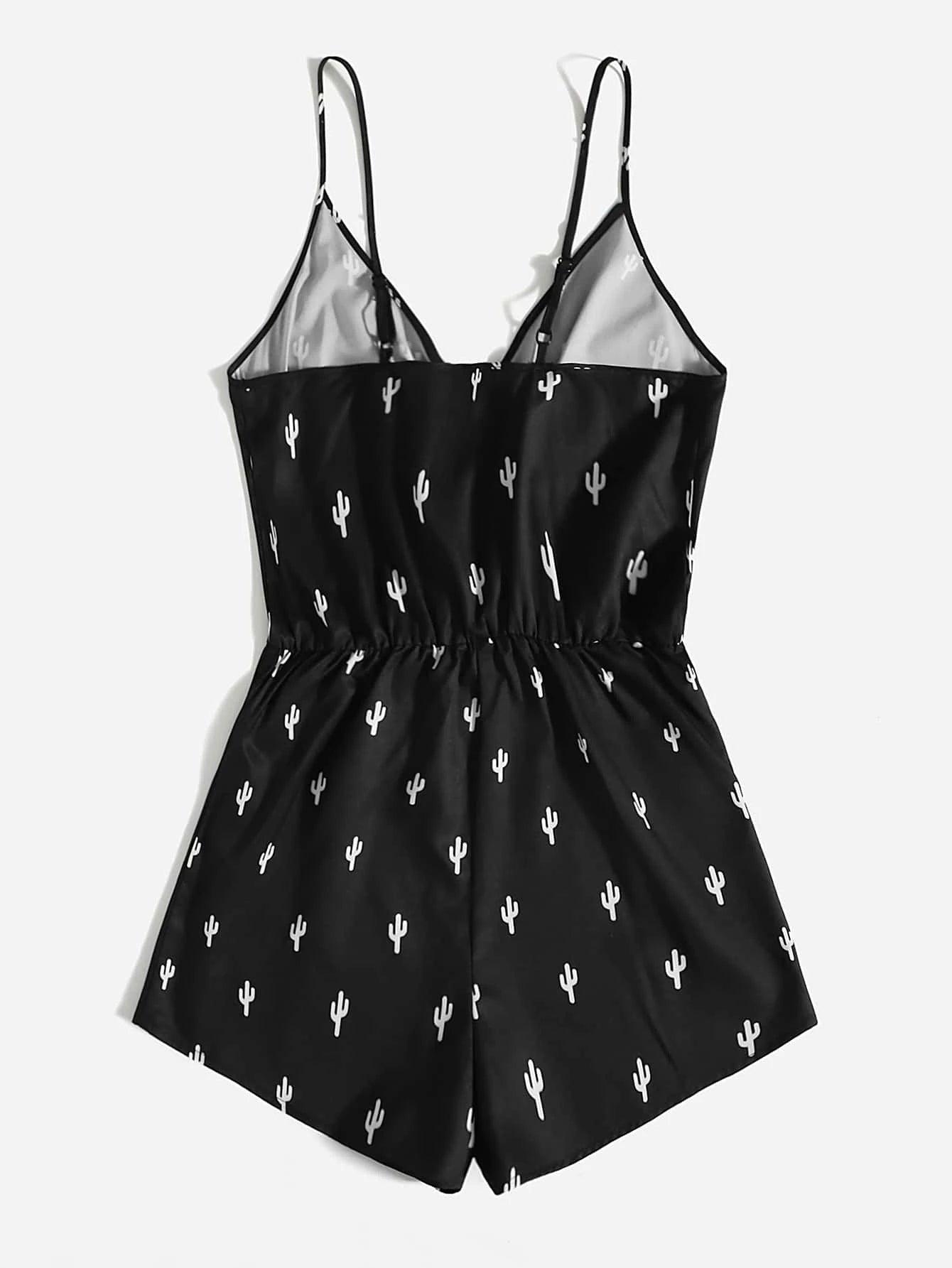 Cactus Graphic Print Cami Romper-Comfy Jumpsuits