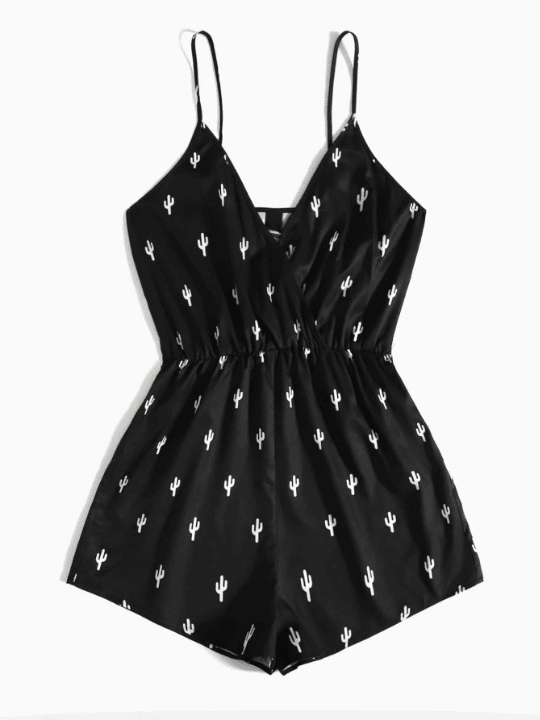 Cactus Graphic Print Cami Romper-Comfy Jumpsuits