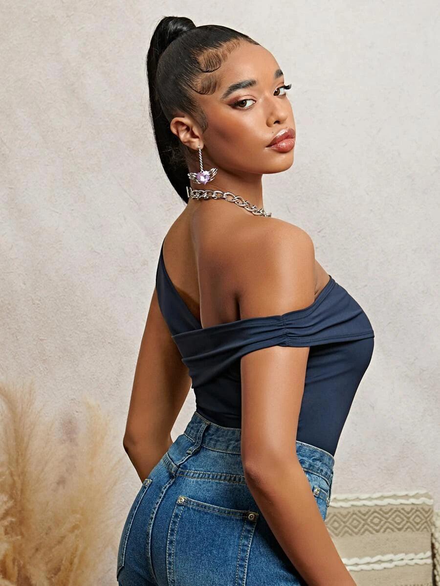 Asymmetrical Shoulder Fitted Bodysuit-Comfy Jumpsuits