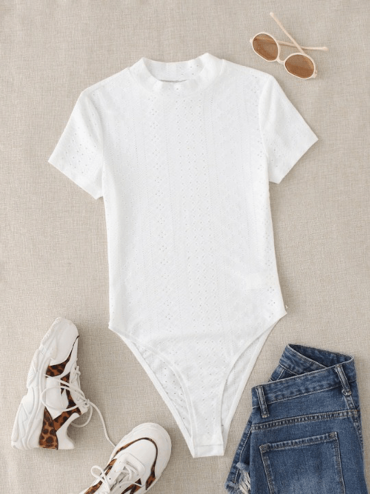 Mock Neck Eyelet Embroidery Bodysuit-Comfy Jumpsuits