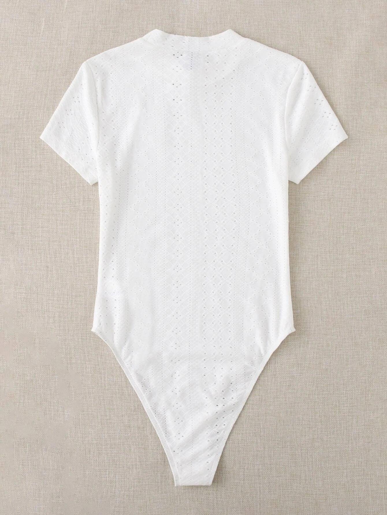 Mock Neck Eyelet Embroidery Bodysuit-Comfy Jumpsuits