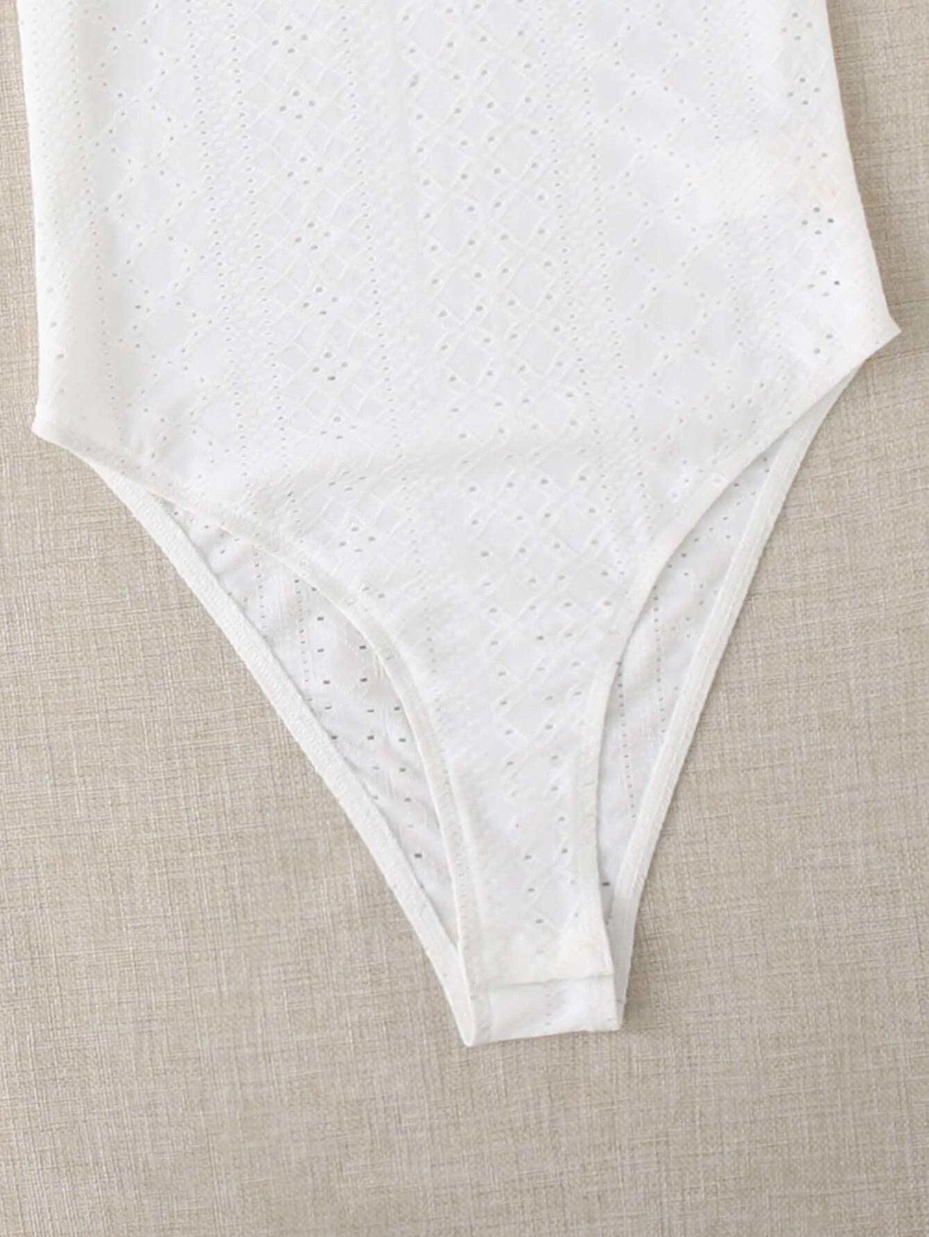 Mock Neck Eyelet Embroidery Bodysuit-Comfy Jumpsuits