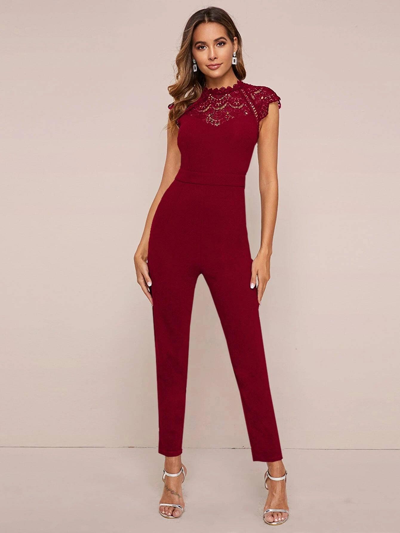 Keyhole Back Sheer Lace Yoke Solid Jumpsuit-Comfy Jumpsuits
