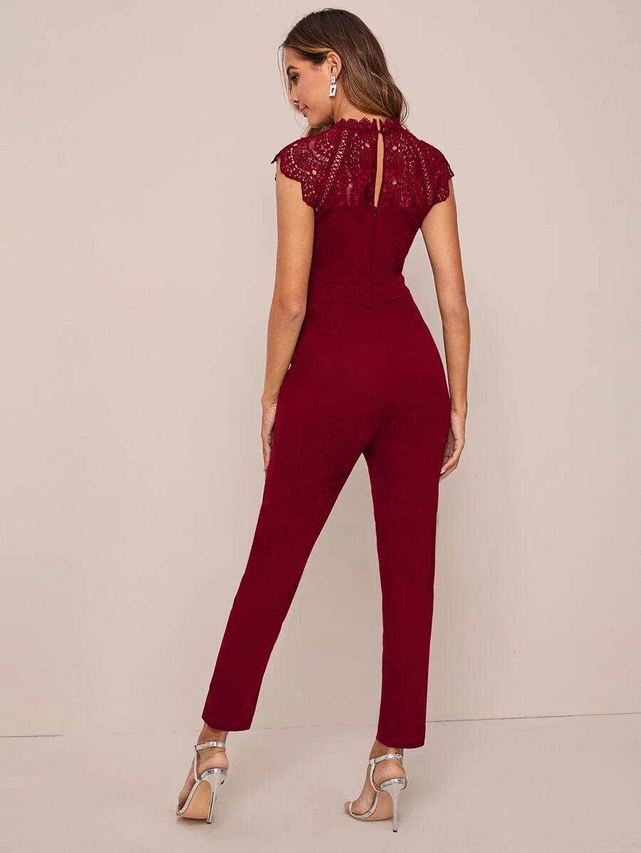 Keyhole Back Sheer Lace Yoke Solid Jumpsuit-Comfy Jumpsuits