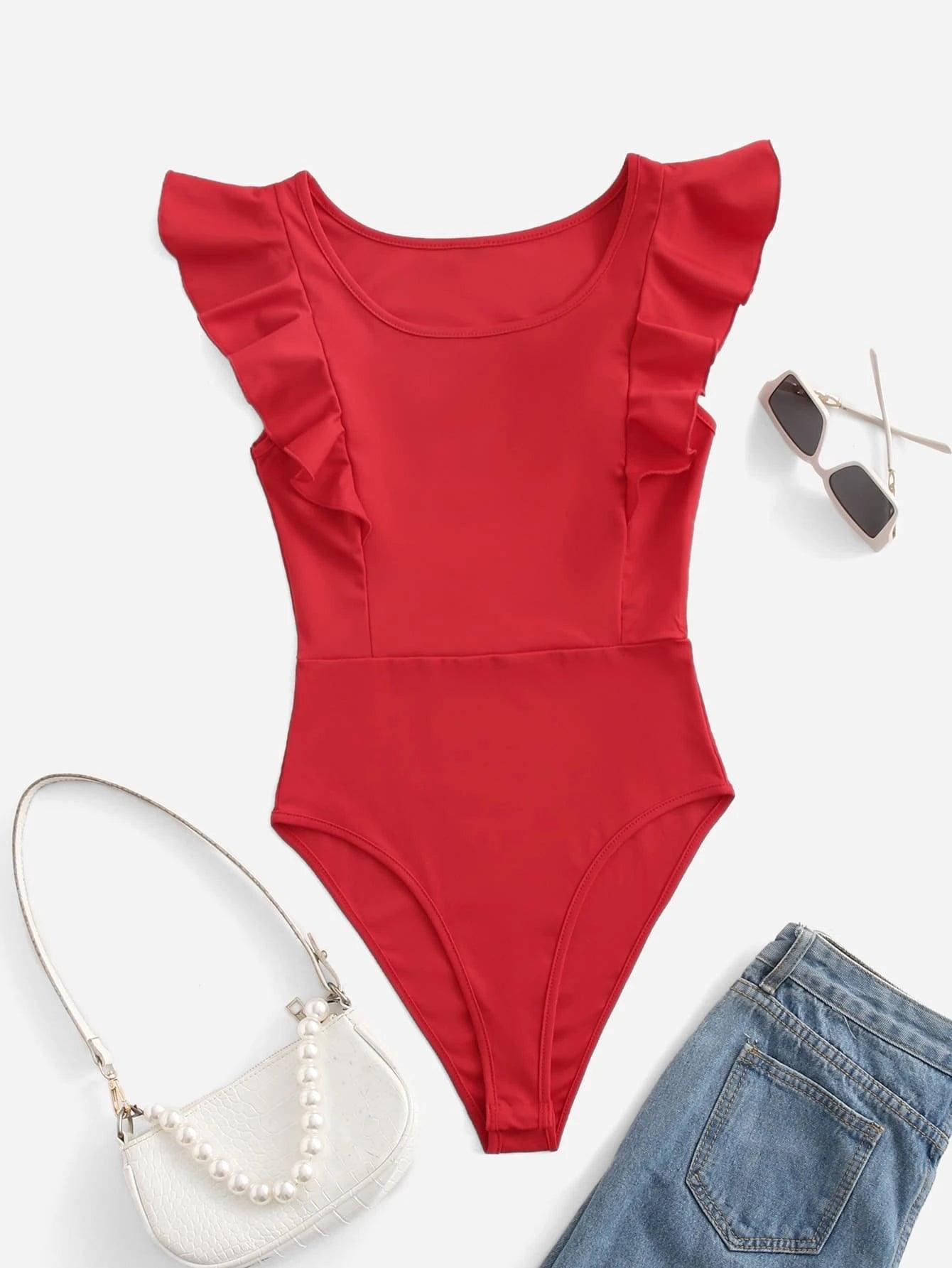 Solid Ruffle Armhole Bodysuit-Comfy Jumpsuits