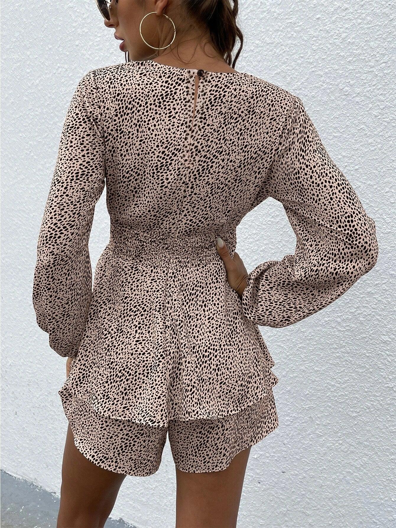 Print Lantern Sleeve Layered Hem Belted Romper-Comfy Jumpsuits