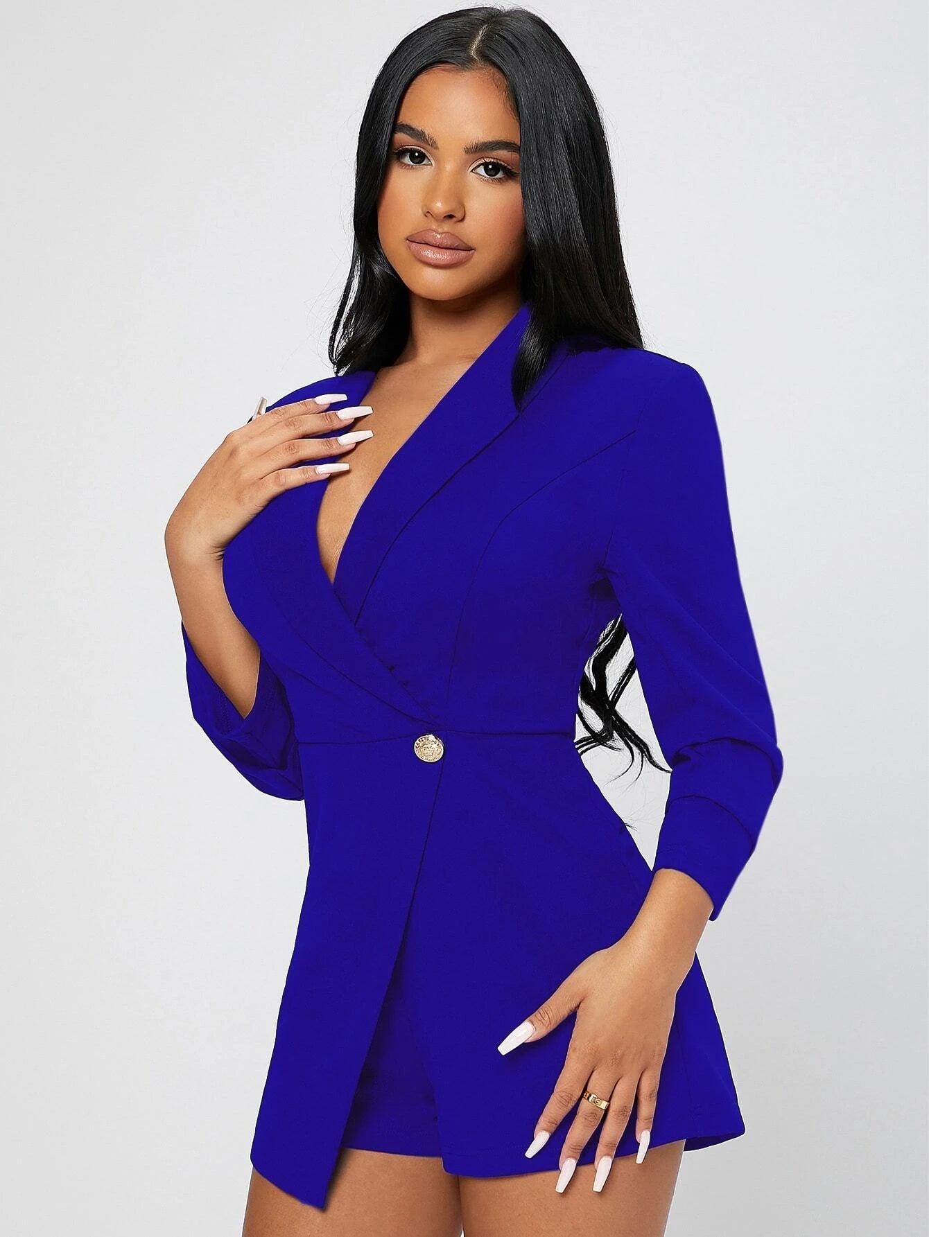 Solid Shawl Collar Wrap Romper-Comfy Jumpsuits
