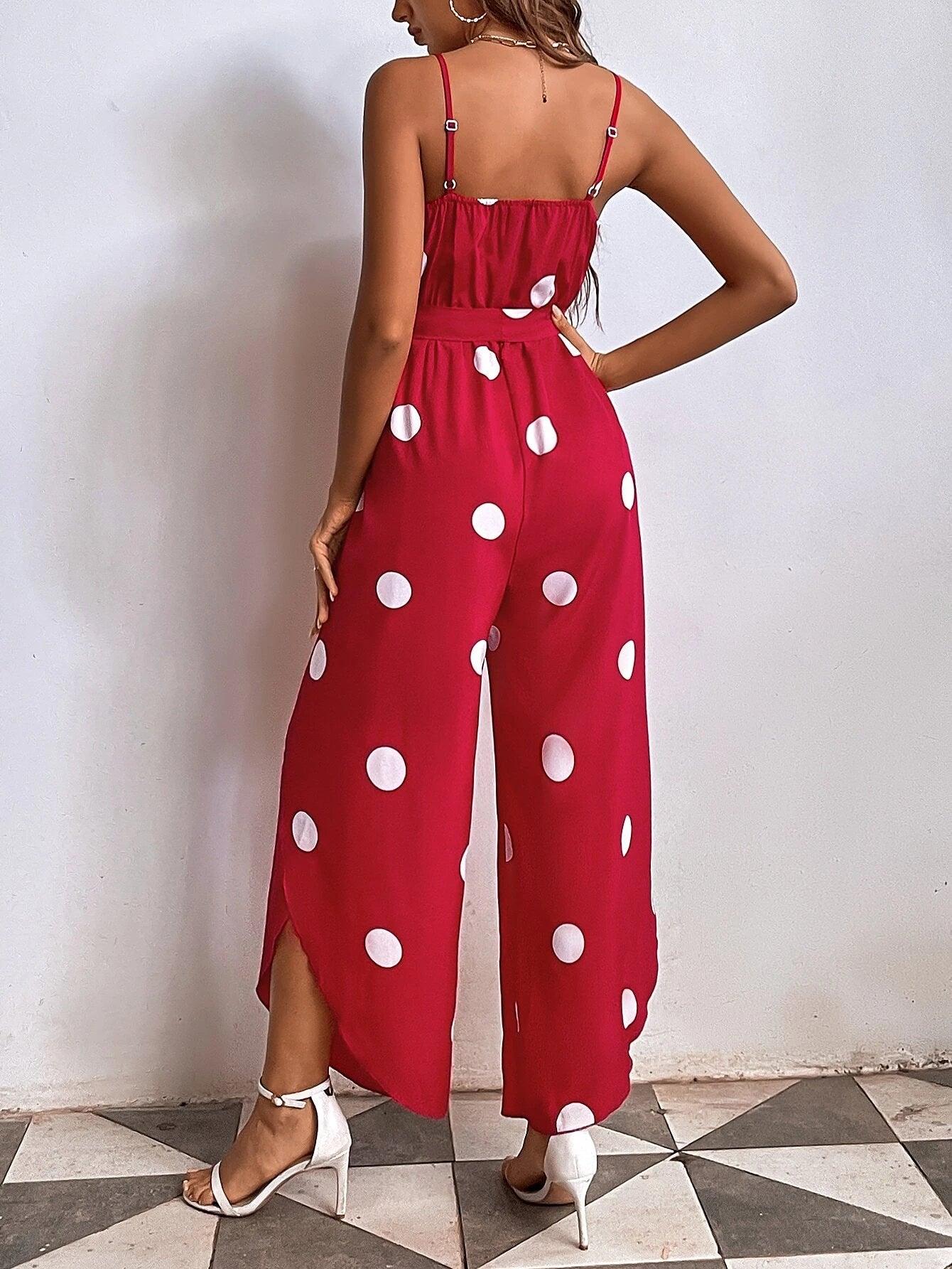 Polka Dot Print Wrap Hem Belted Cami Jumpsuit-Comfy Jumpsuits