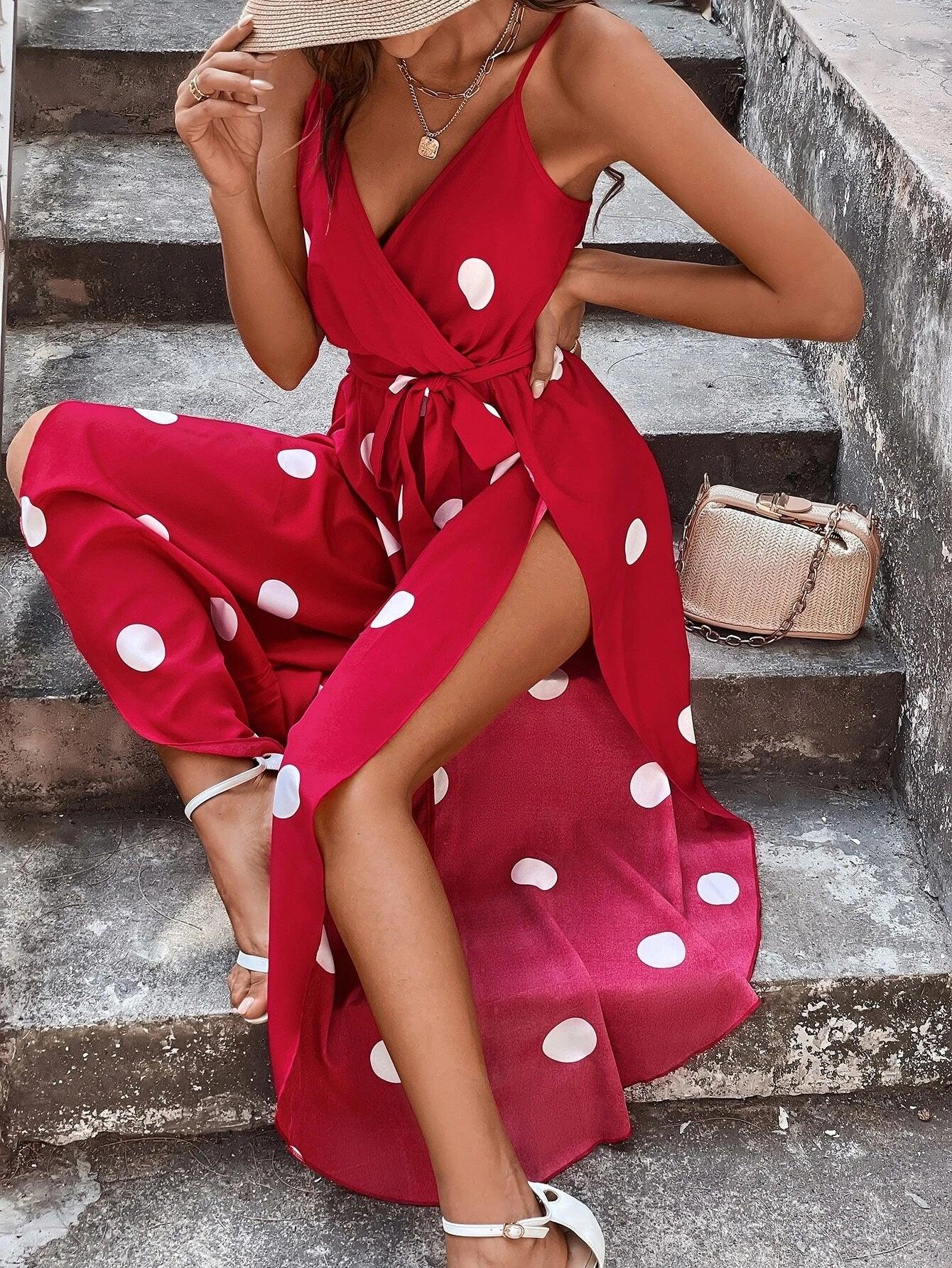 Polka Dot Print Wrap Hem Belted Cami Jumpsuit-Comfy Jumpsuits