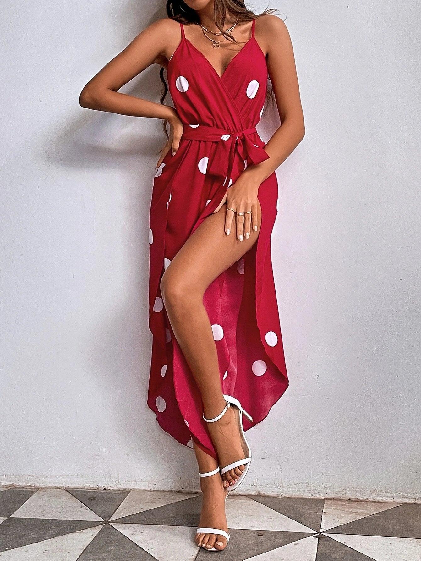 Polka Dot Print Wrap Hem Belted Cami Jumpsuit-Comfy Jumpsuits