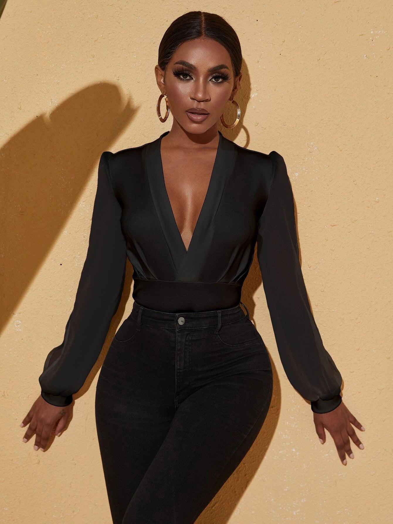 Plunging Neck Split Sleeve Plicated Bodysuit-Comfy Jumpsuits