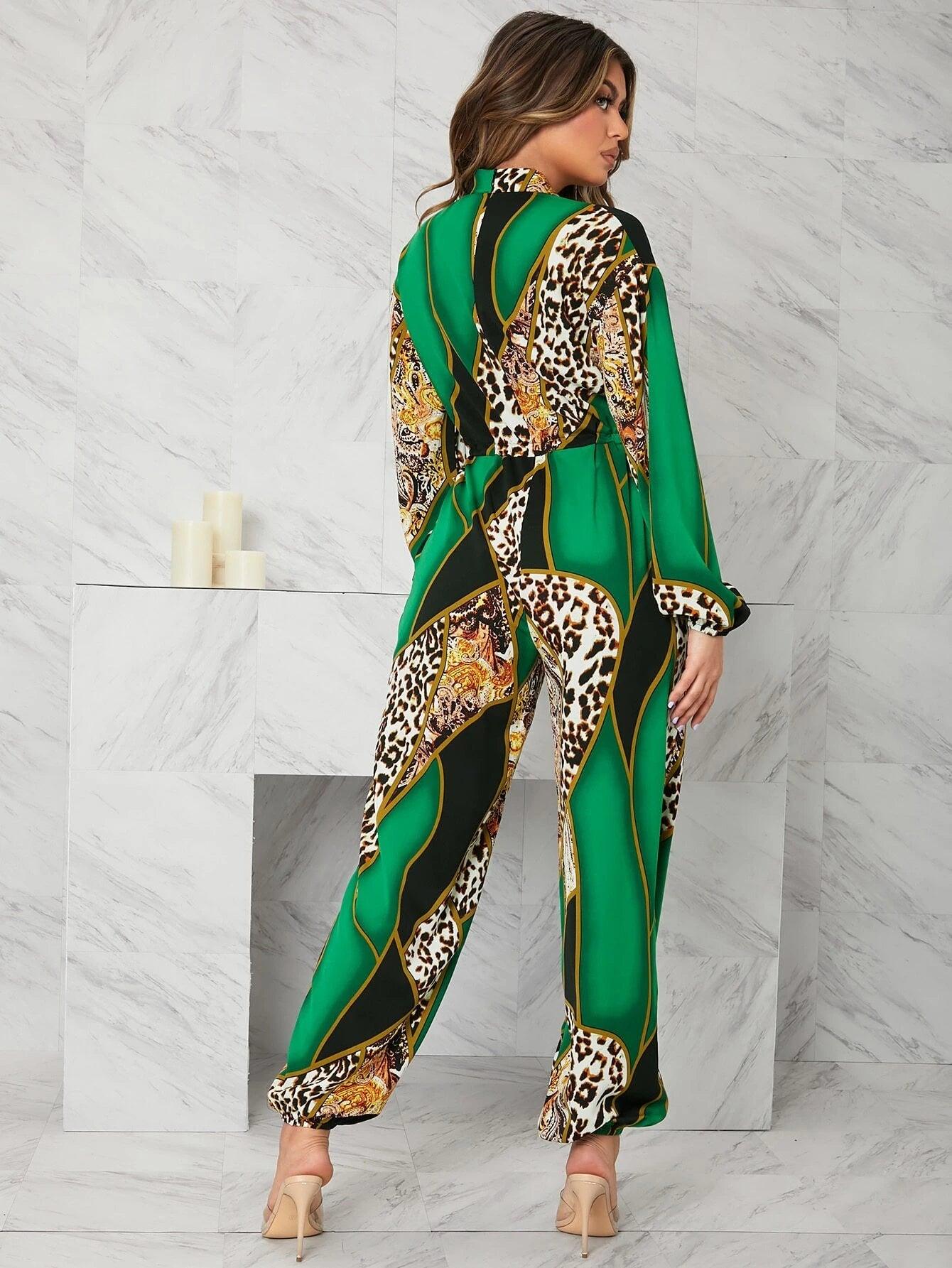 Leopard And Geo Print Lantern Sleeve Jumpsuit-Comfy Jumpsuits