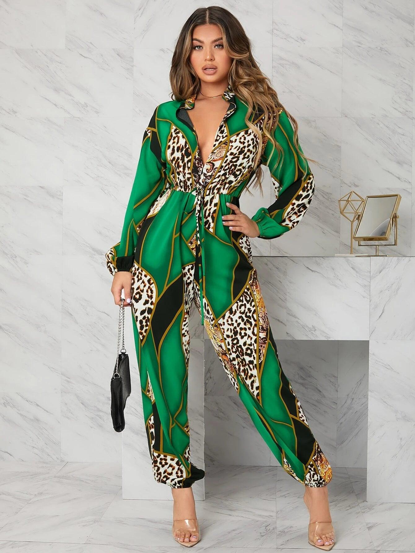 Leopard And Geo Print Lantern Sleeve Jumpsuit-Comfy Jumpsuits