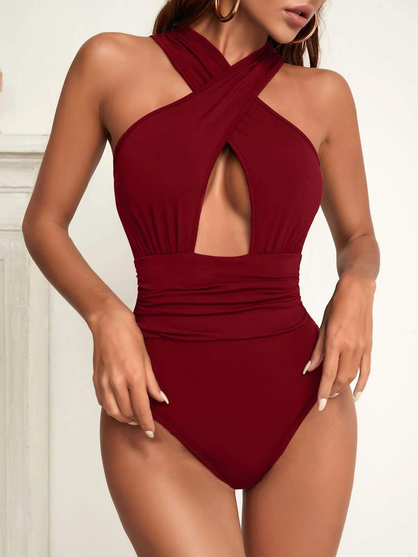 Criss Cross Cut Out Bodysuit-Comfy Jumpsuits