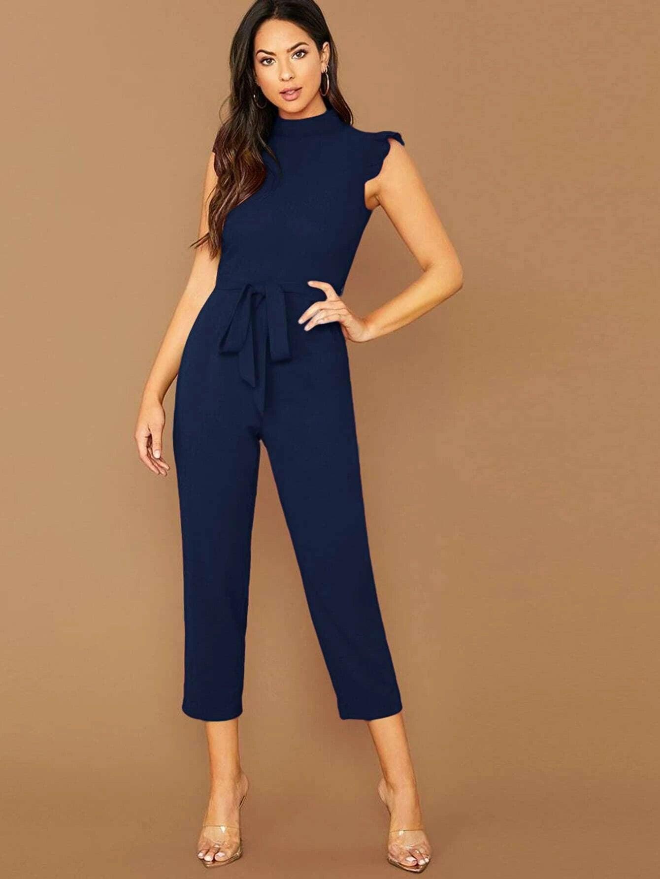 Solid Coloured Sleeveless Belted Jumpsuit-Comfy Jumpsuits