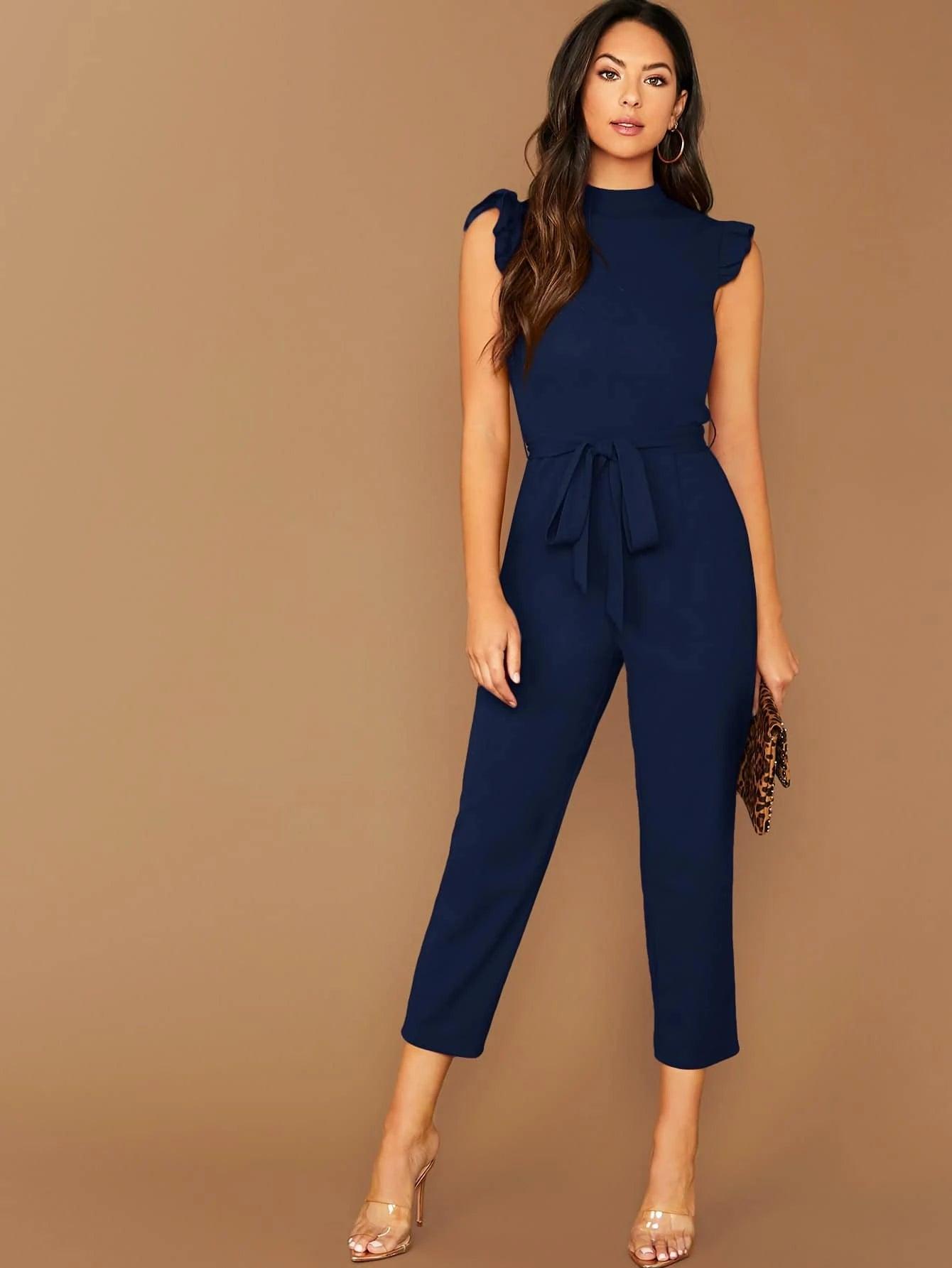 Solid Coloured Sleeveless Belted Jumpsuit-Comfy Jumpsuits