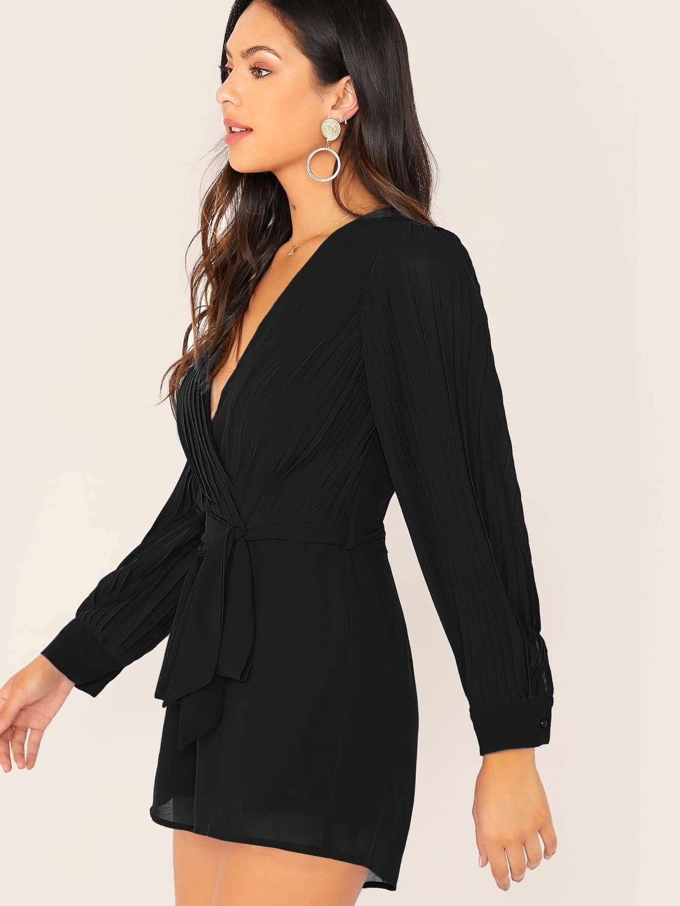 Neck Pleated Lantern Sleeve Self Belted Romper-Comfy Jumpsuits