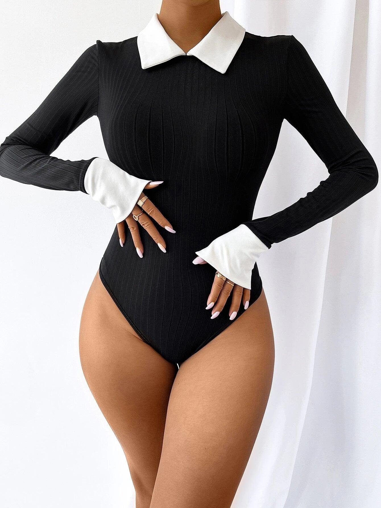 Colorblock Keyhole Back Slim Fit Tee Bodysuit-Comfy Jumpsuits