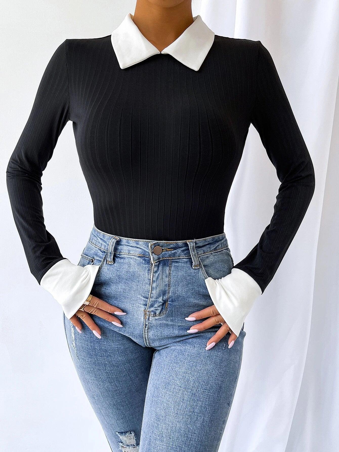 Colorblock Keyhole Back Slim Fit Tee Bodysuit-Comfy Jumpsuits