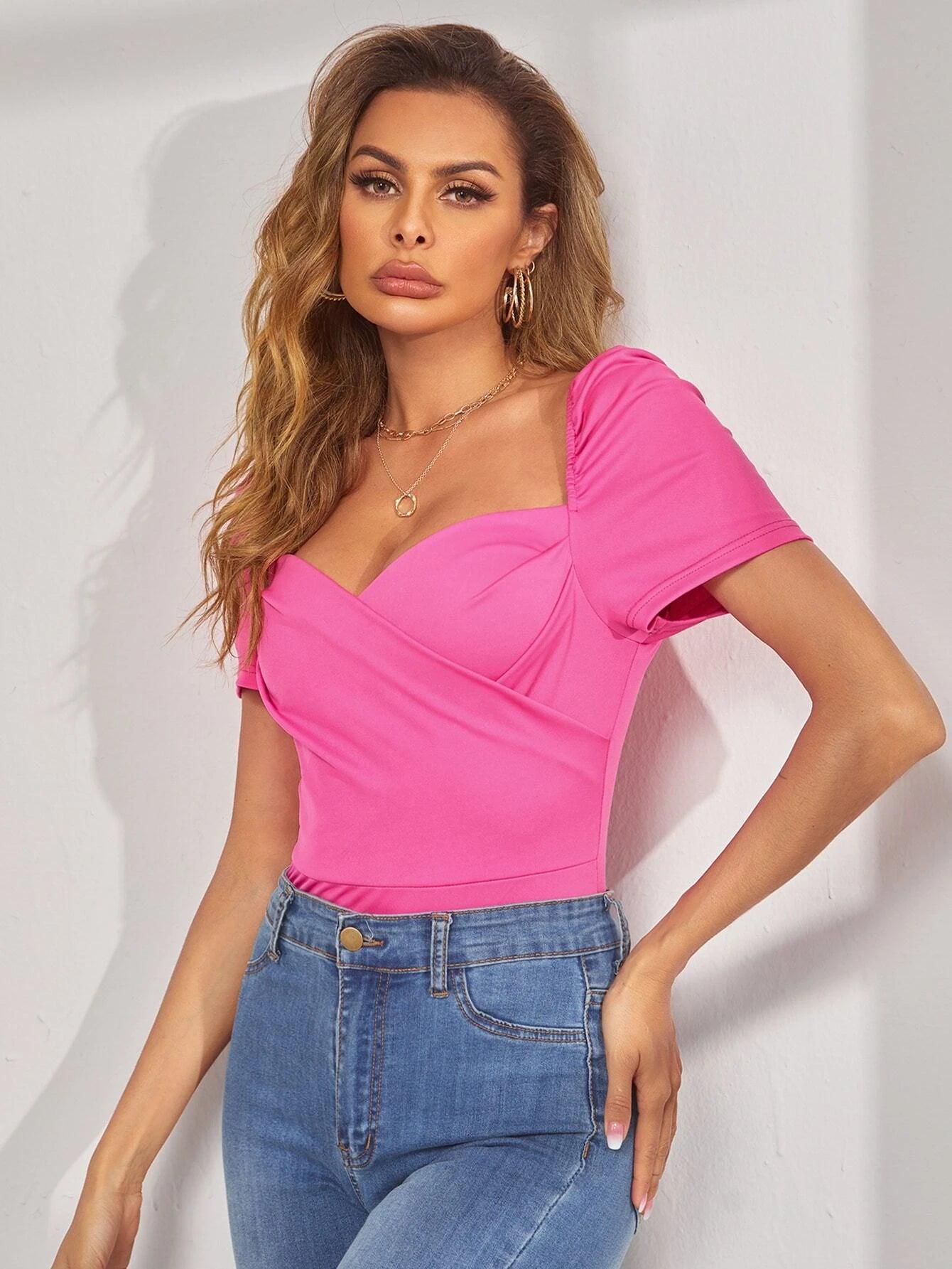 Puff Sleeve Wrap Bodysuit-Comfy Jumpsuits