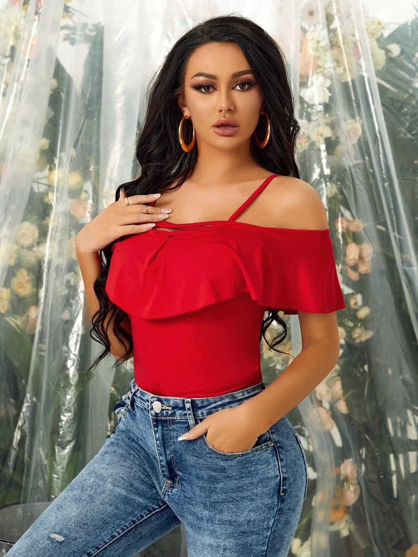 Criss Cross Cold Shoulder Bodysuit-Comfy Jumpsuits