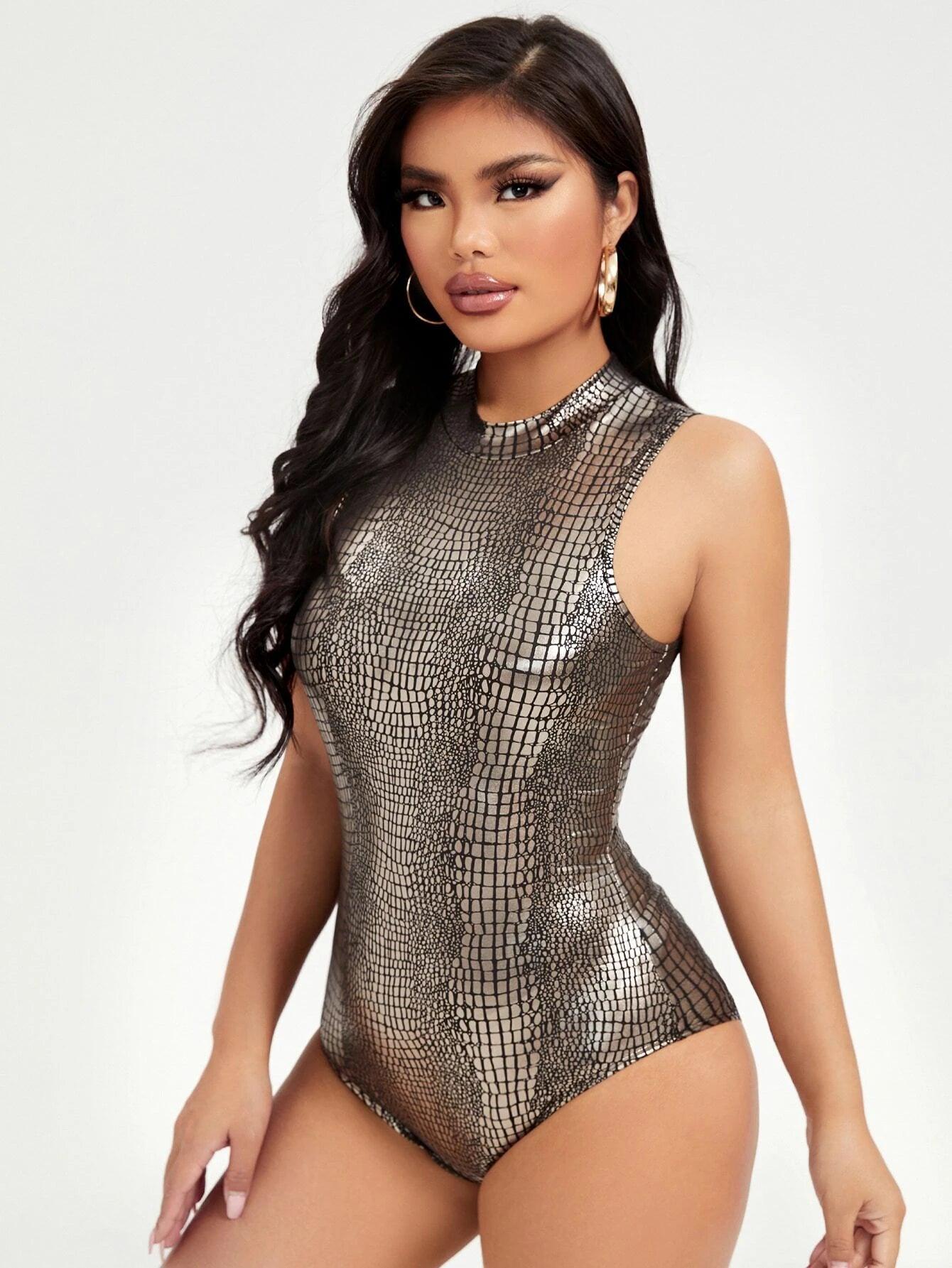Crocodile Embossed Tank Bodysuit-Comfy Jumpsuits
