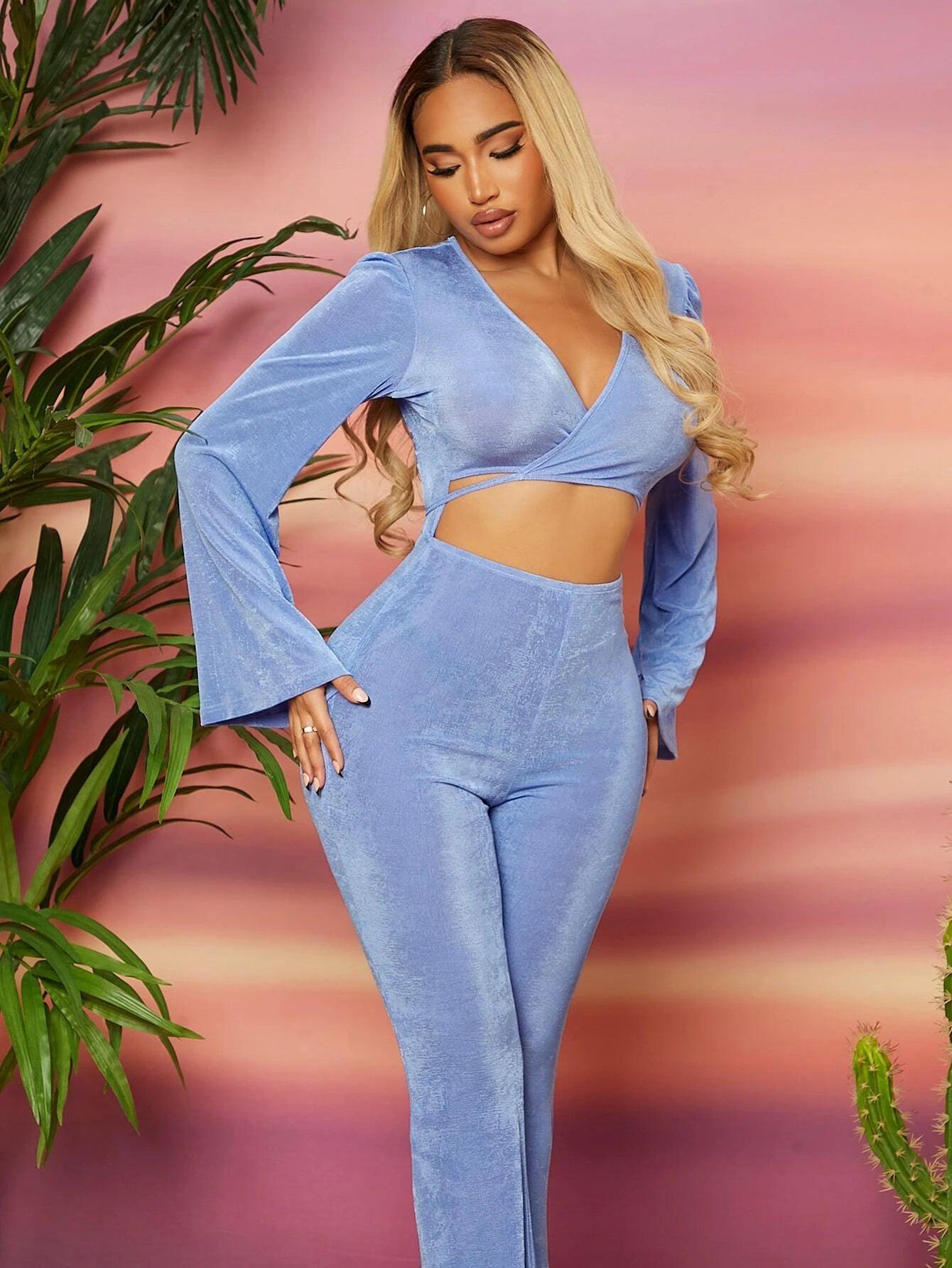 Sleeve Front Flare Leg Jumpsuit-Comfy Jumpsuits