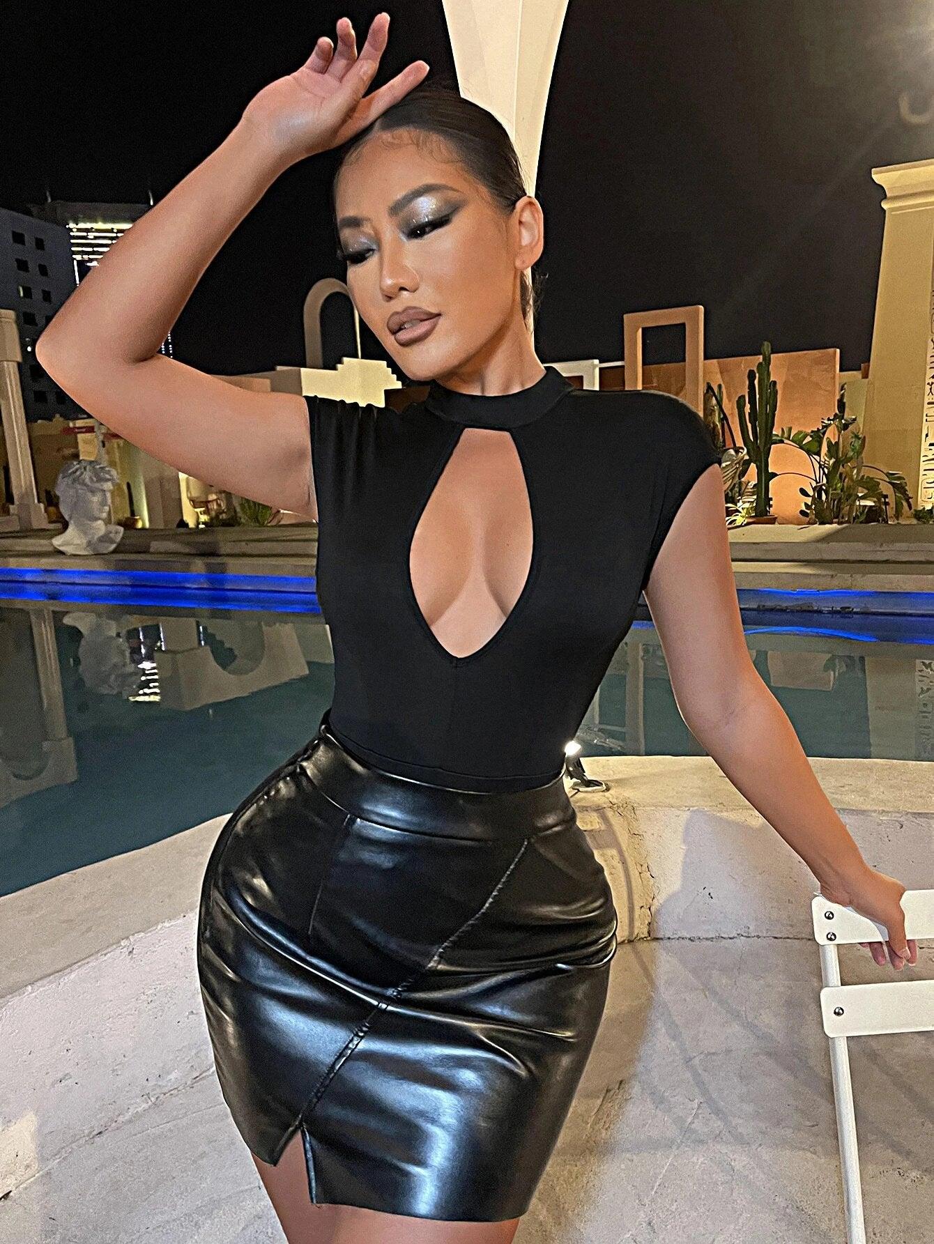 Contrast Lace Backless Cut Out Mock Neck Bodysuit-Comfy Jumpsuits