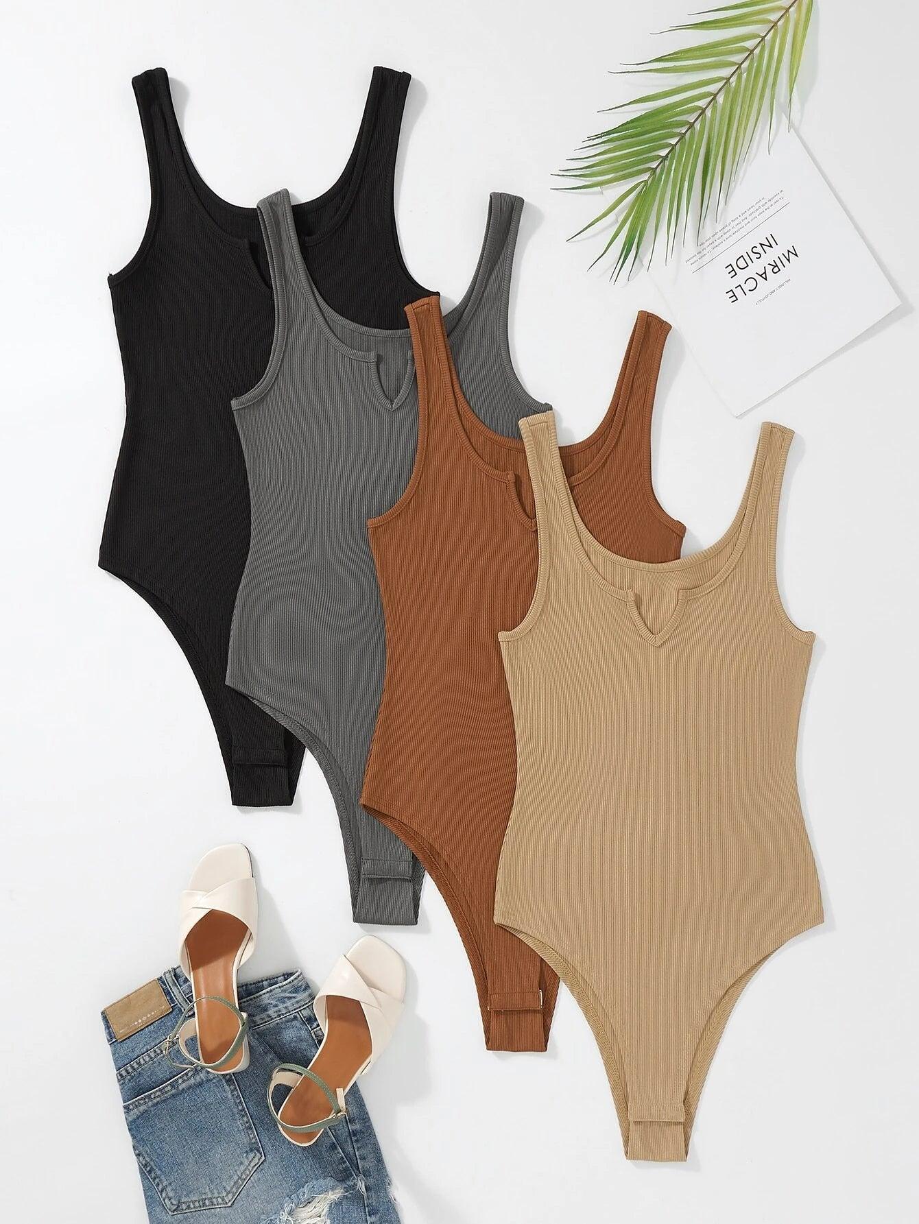 4 Pieces Ribbed Knit Notched Neck Tank Bodysuit-Comfy Jumpsuits